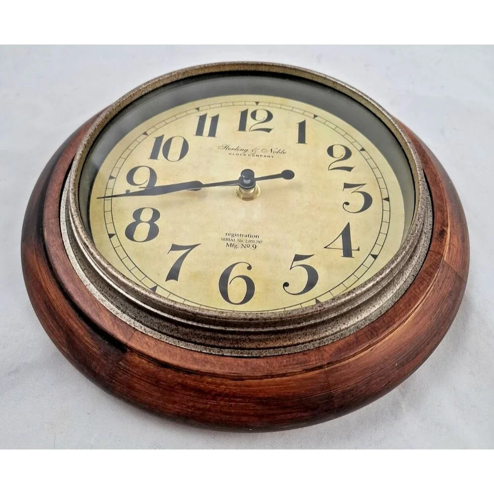 Sterling & Noble Round Wall Clock 9” Dark Walnut Frame Metal Case Excellent